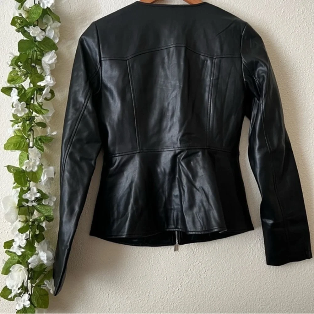 ZARA Black Vegan Faux Leather Peplum Zip Up Moto Jacket
